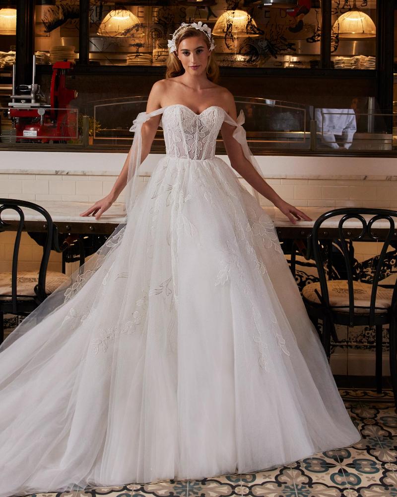La22237 off the shoulder ball gown wedding dress with long train and lace3